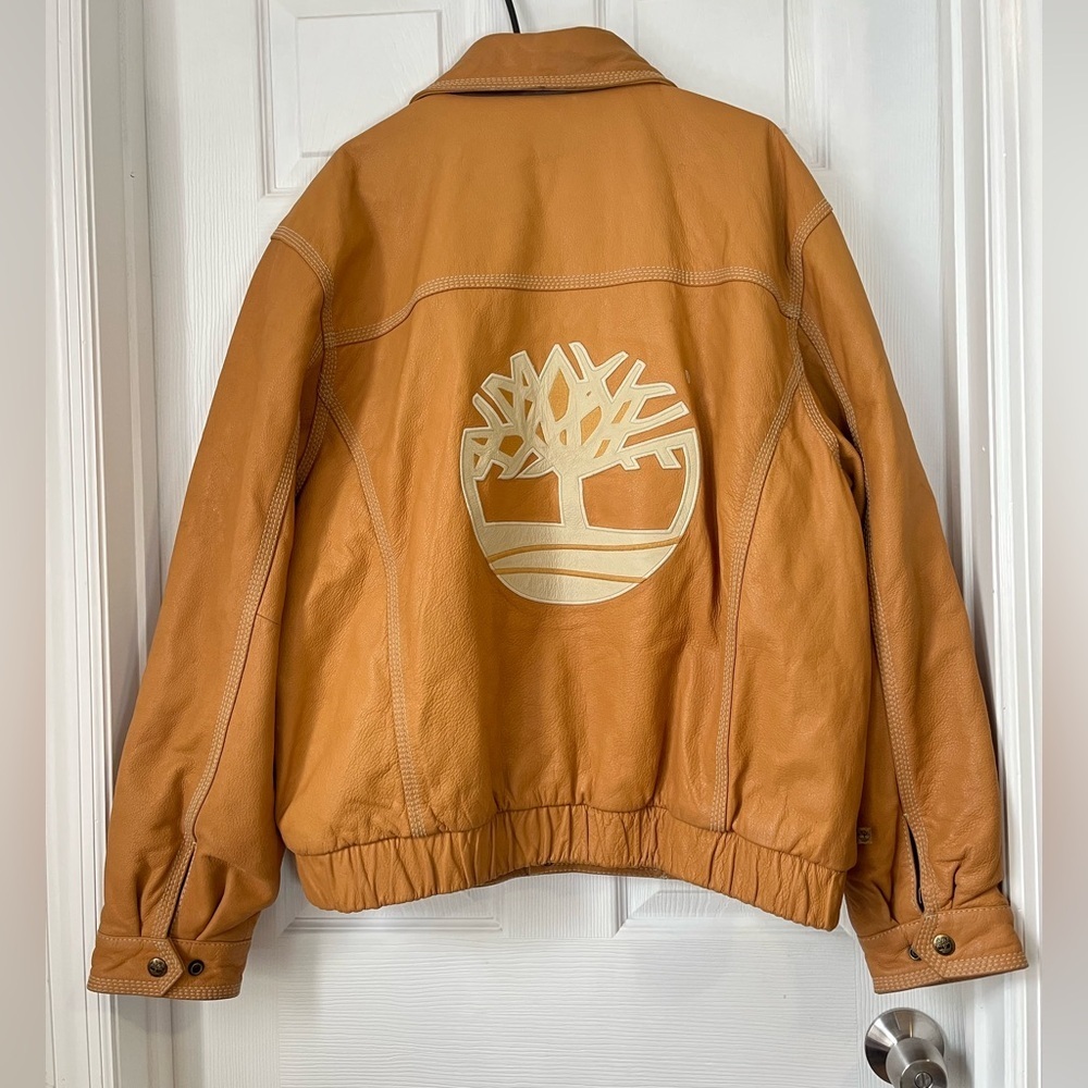 Timberland Tan Leather Vintage Logo Bomber Jacket XXL - Picture 3 of 11